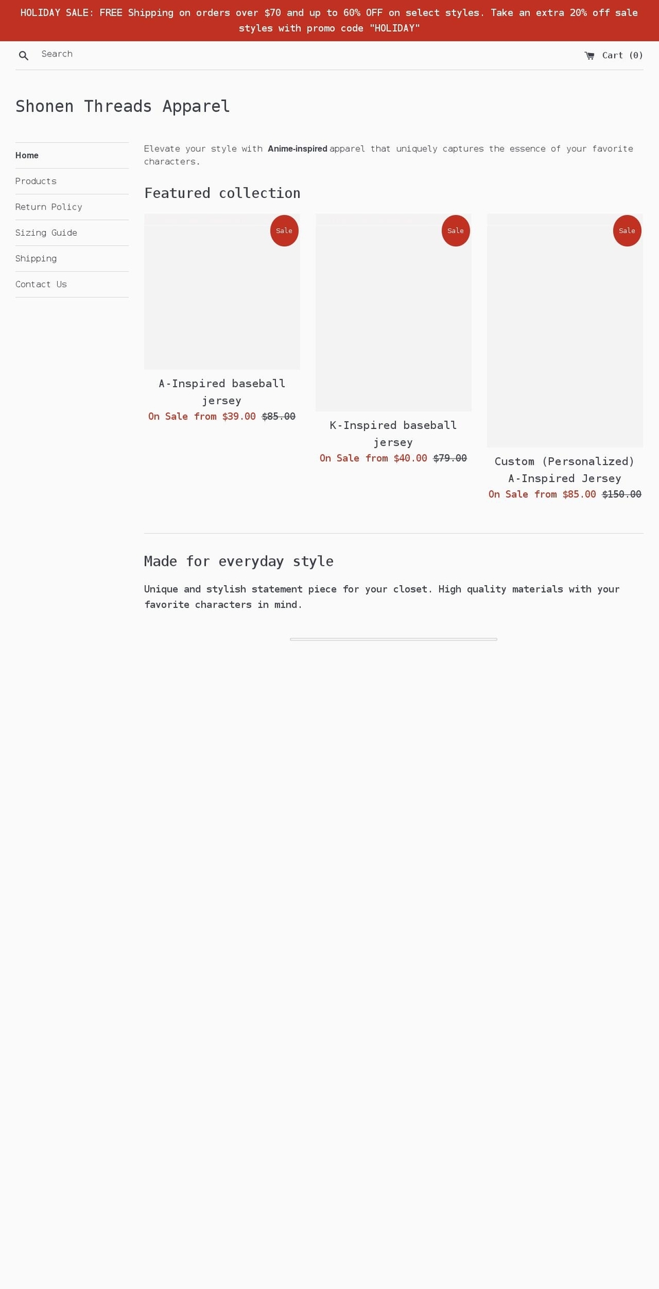 shonenthreads.com shopify website screenshot
