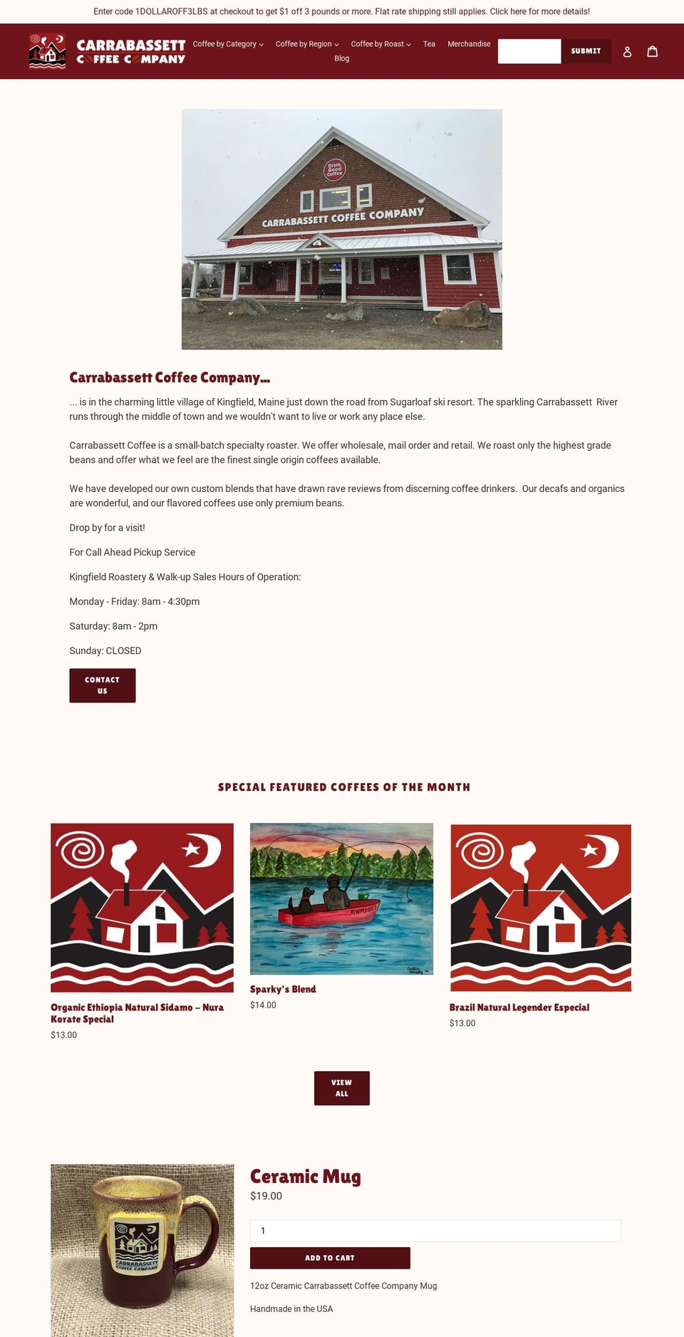 shop.carrabassettcoffee.com shopify website screenshot