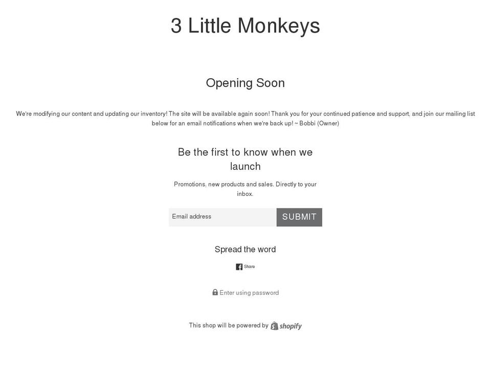 shop3littlemonkeys.com shopify website screenshot