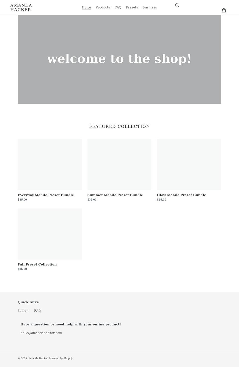 shopamandahacker.com shopify website screenshot