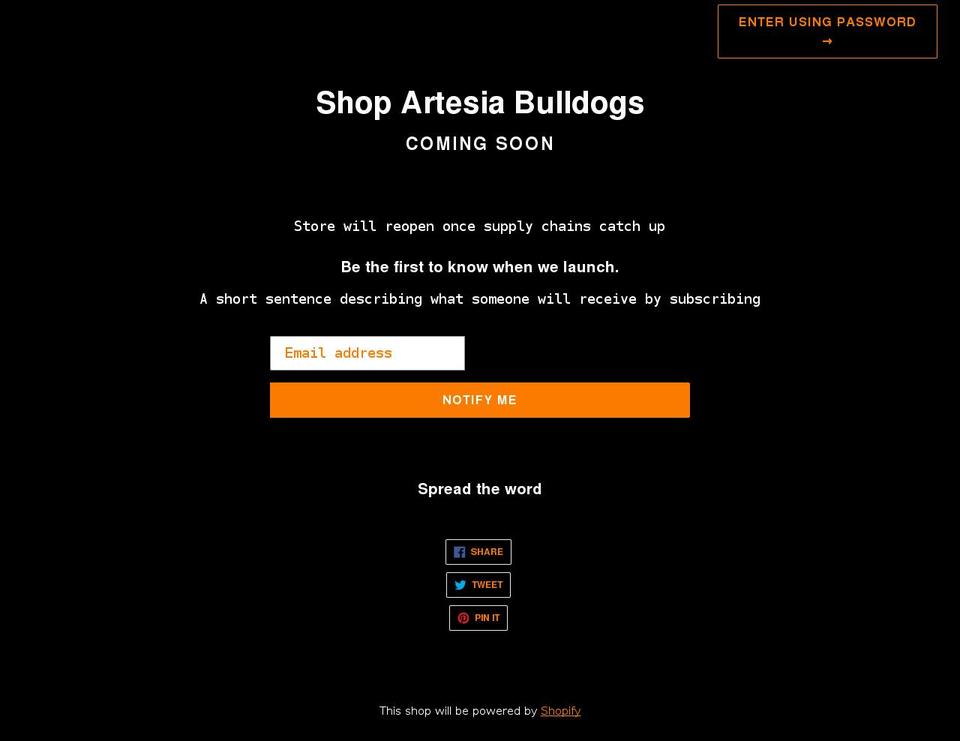 shopartesiabulldogs.com — Shopify storefront screenshot