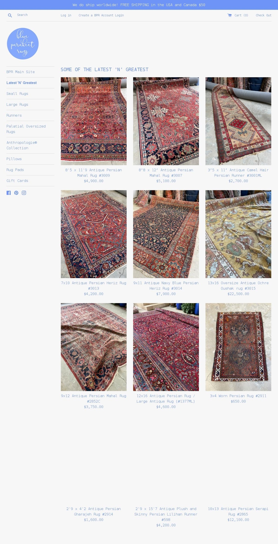 shopblueparakeetrugs.com shopify website screenshot