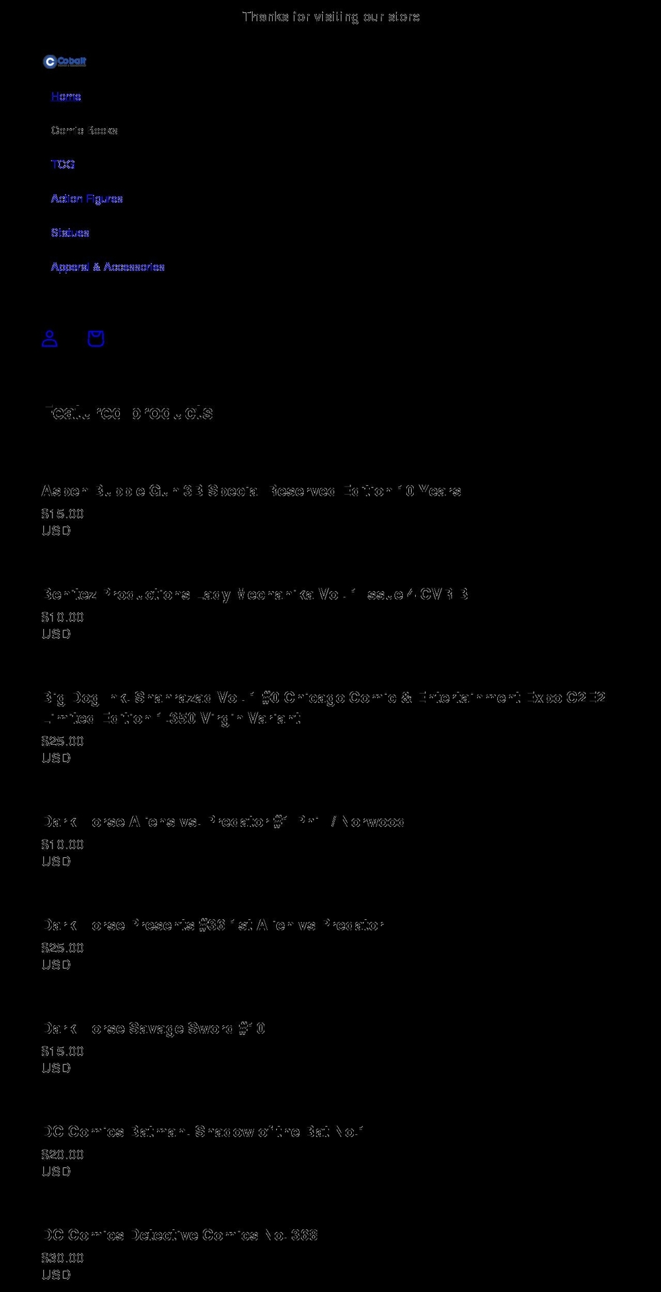 shopcobaltcomics.com shopify website screenshot