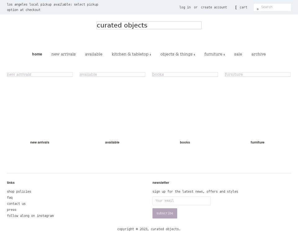 shopcuratedobjects.com shopify website screenshot