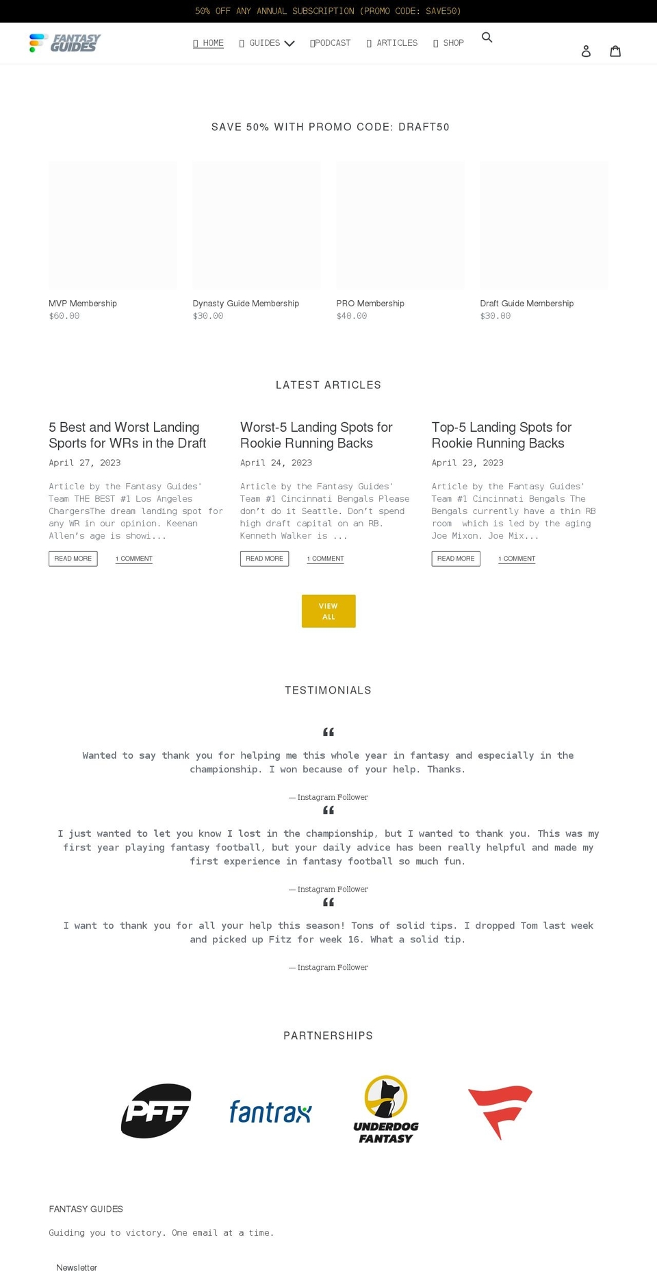 shopfantasyguides.com shopify website screenshot