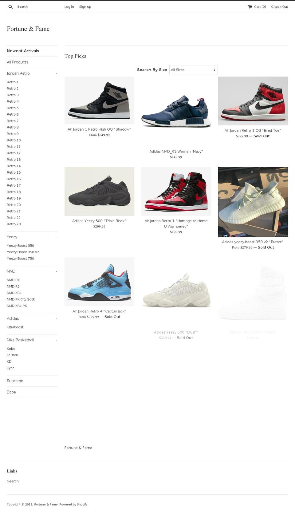 shopfortuneandfame.com shopify website screenshot