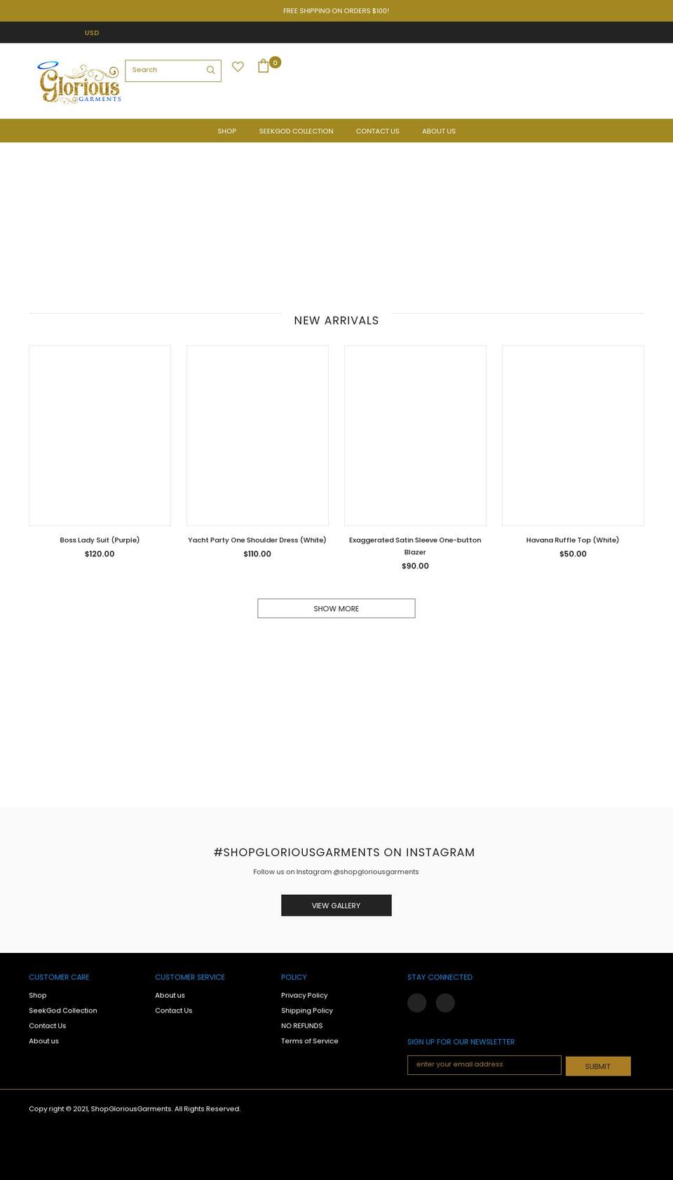 shopgloriousgarments.com shopify website screenshot