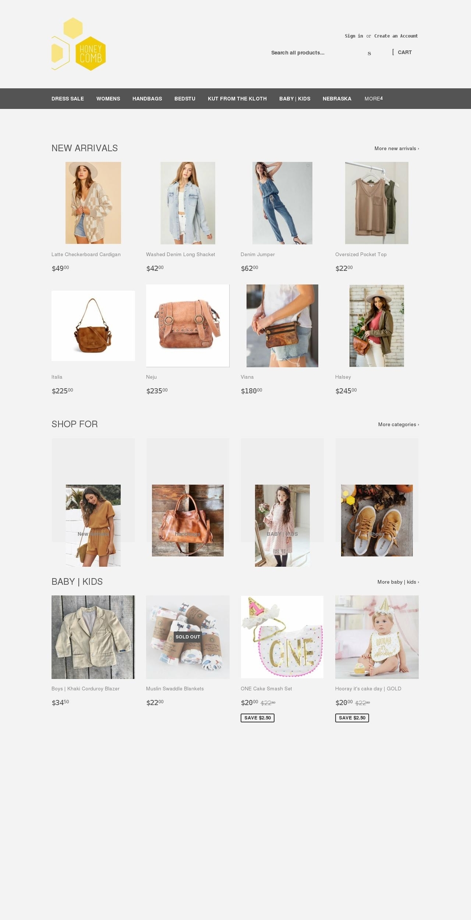 shophoneycombboutique.net shopify website screenshot