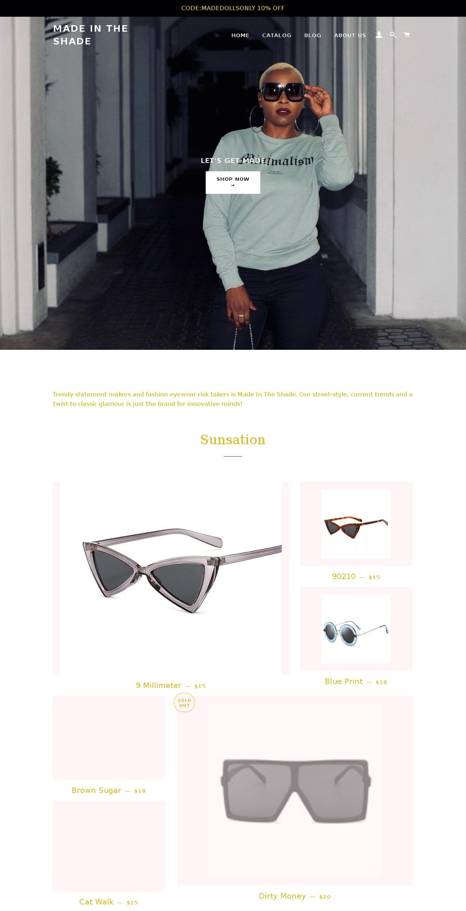 shopmadeintheshade.com shopify website screenshot
