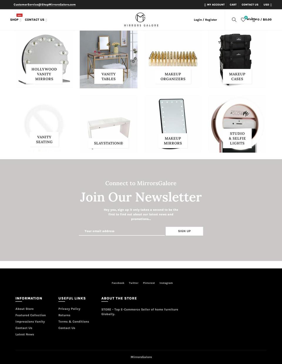 shopmirrorsgalore.com shopify website screenshot
