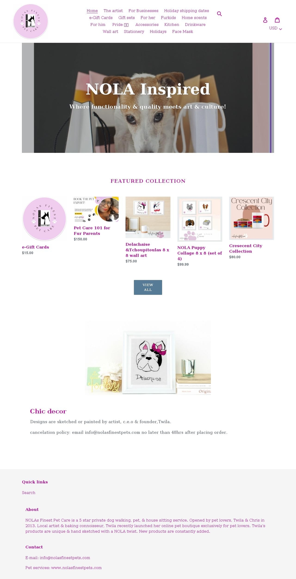 shopnolasfinestpets.com shopify website screenshot