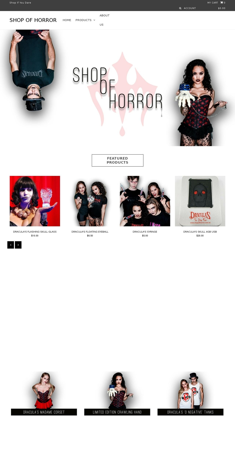 shopofhorror.com.au shopify website screenshot