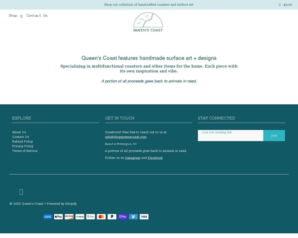 shopqueenscoast.com shopify website screenshot