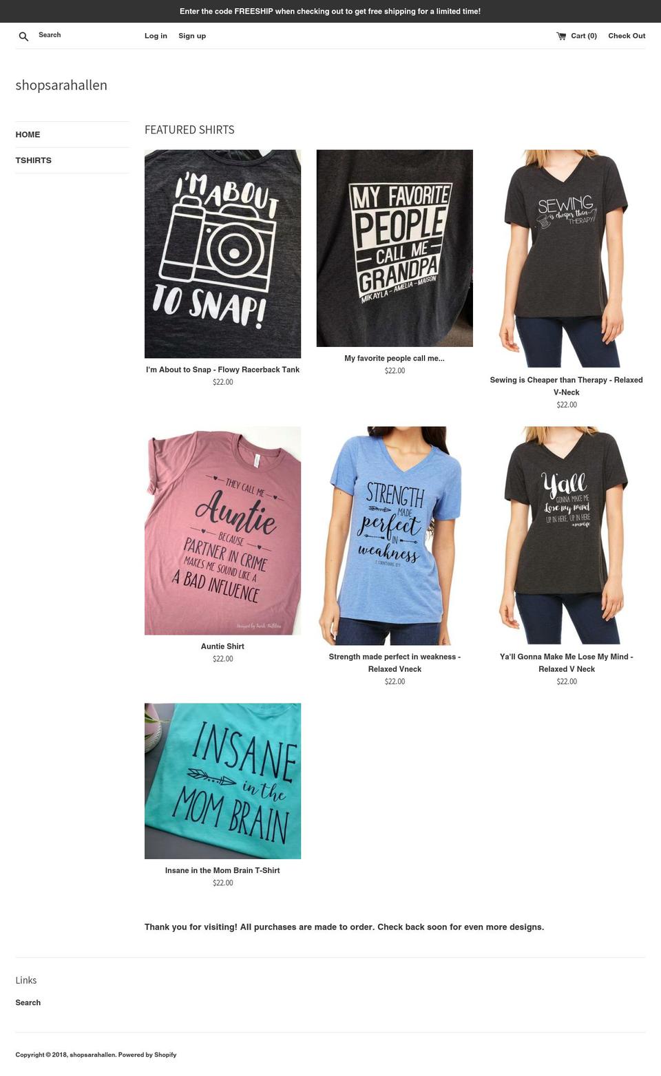 shopsarahallen.com — Shopify storefront screenshot