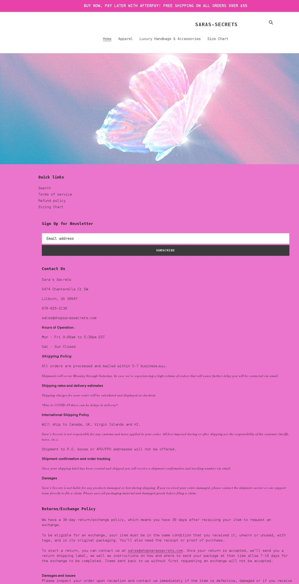 shopsarassecrets.com shopify website screenshot