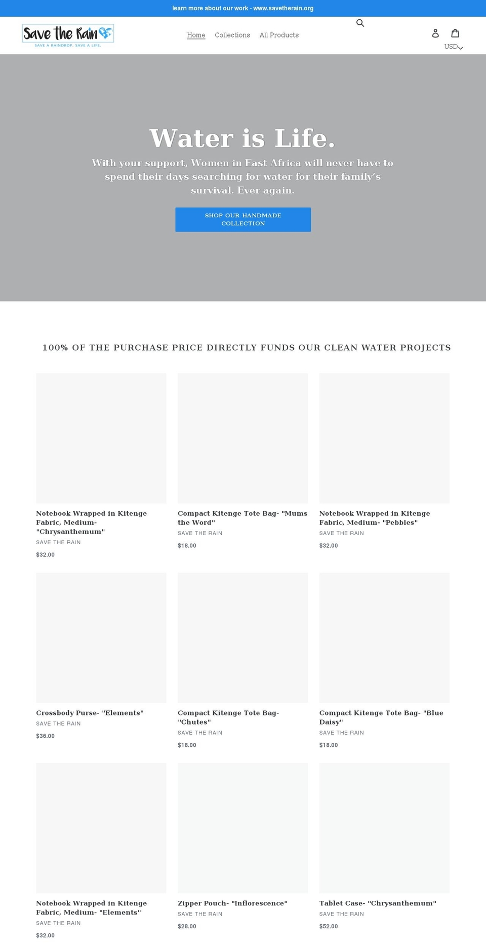 shopsavetherain.org shopify website screenshot