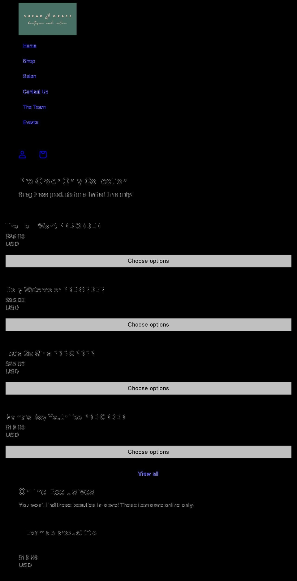 shopsheargrace.com shopify website screenshot