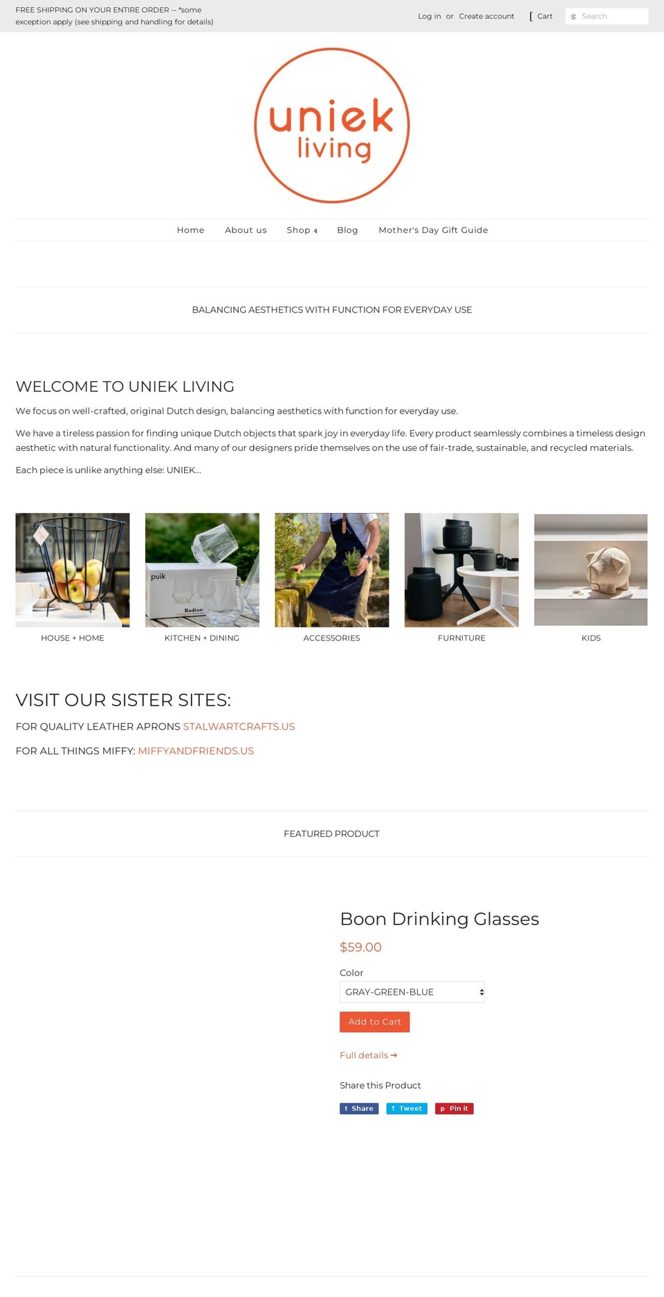shopuniekliving.com — Shopify storefront screenshot