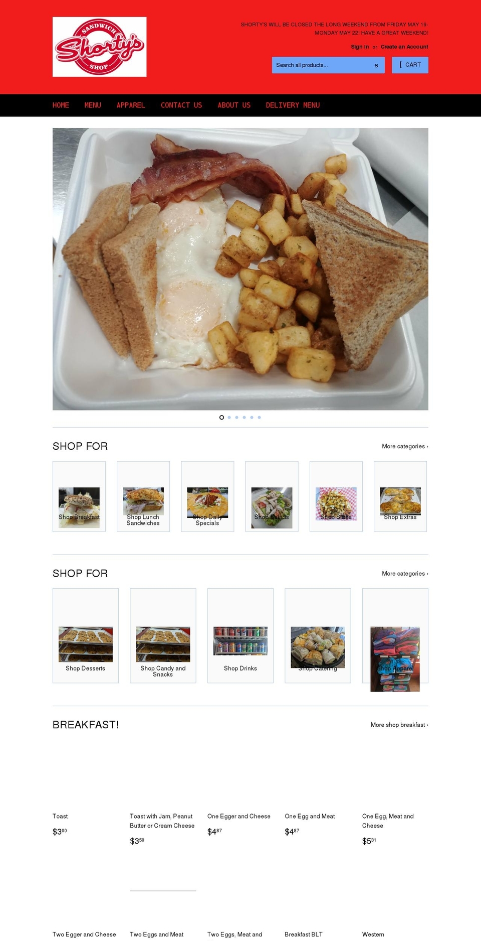 shortyssandwichshop.com shopify website screenshot