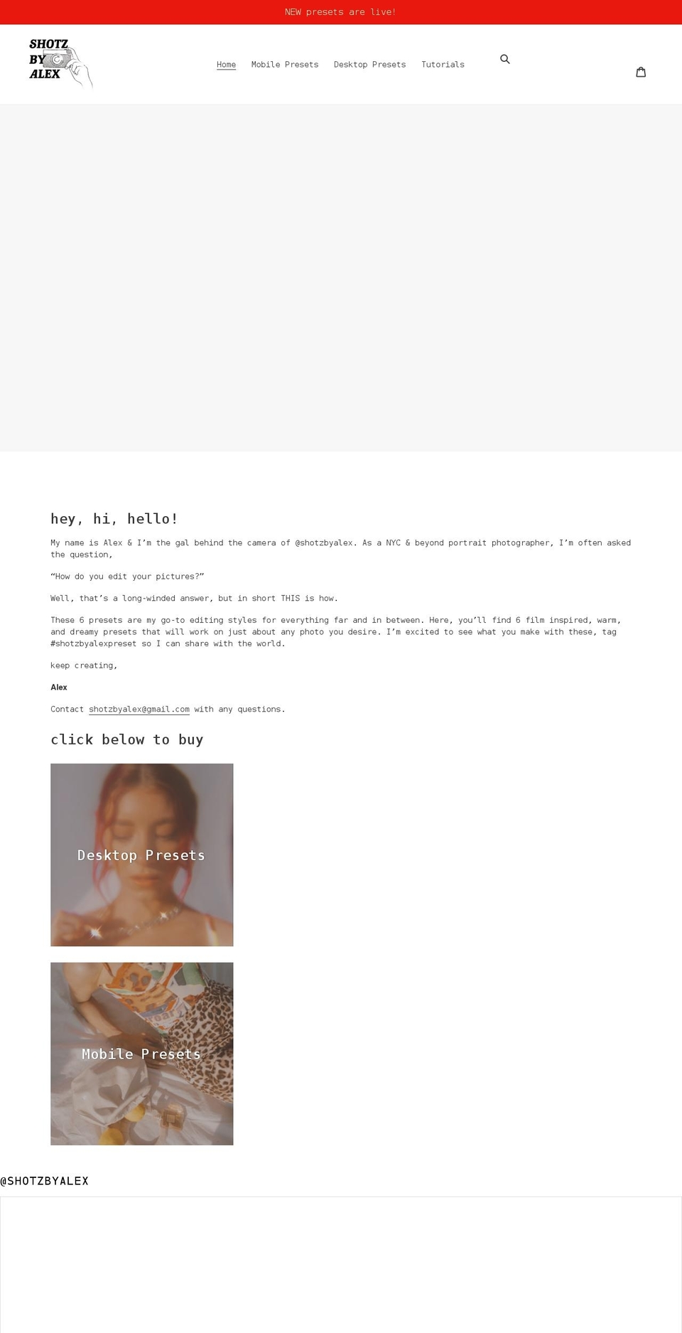 shotzbyalex.com shopify website screenshot