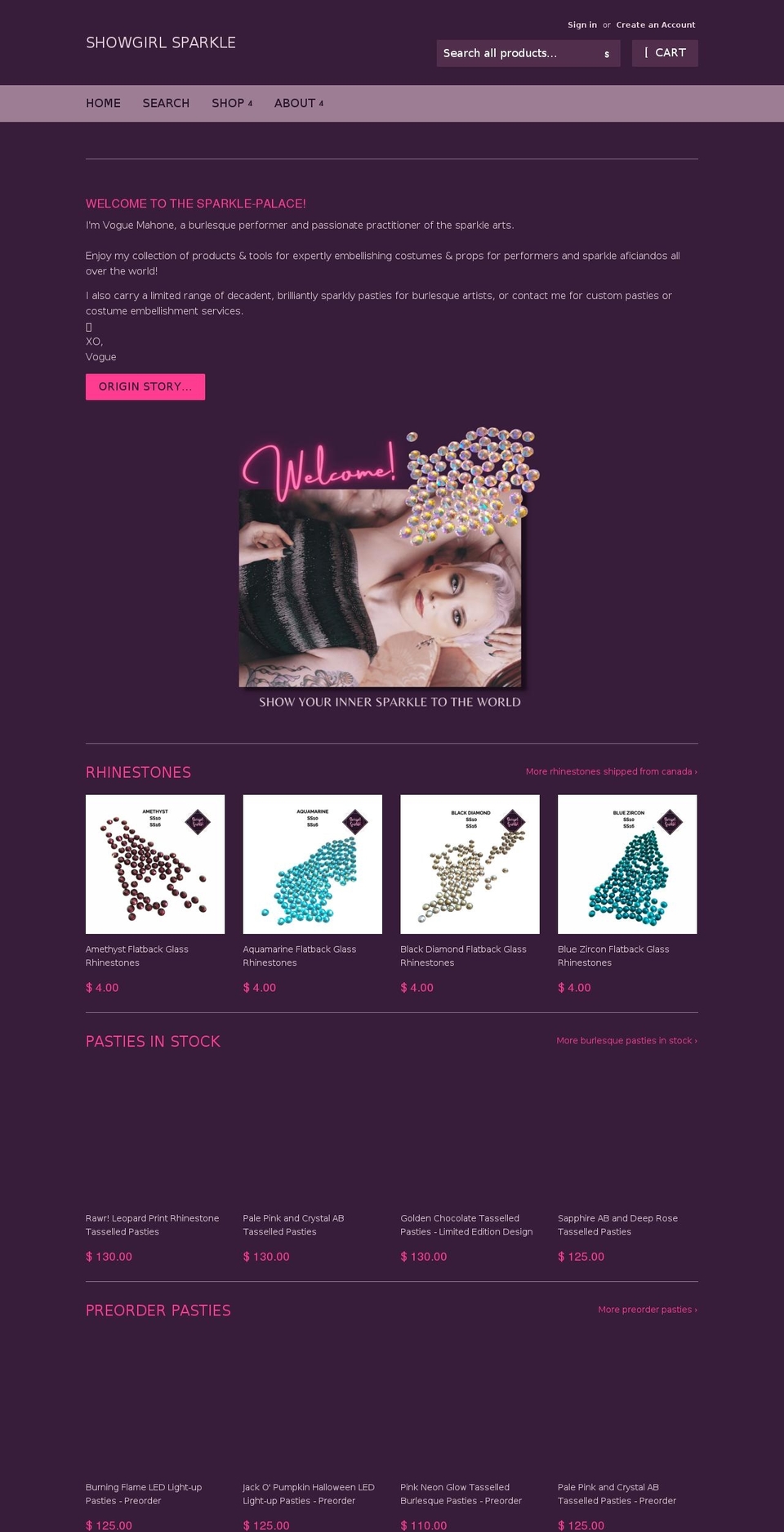 showgirlsparkle.com shopify website screenshot