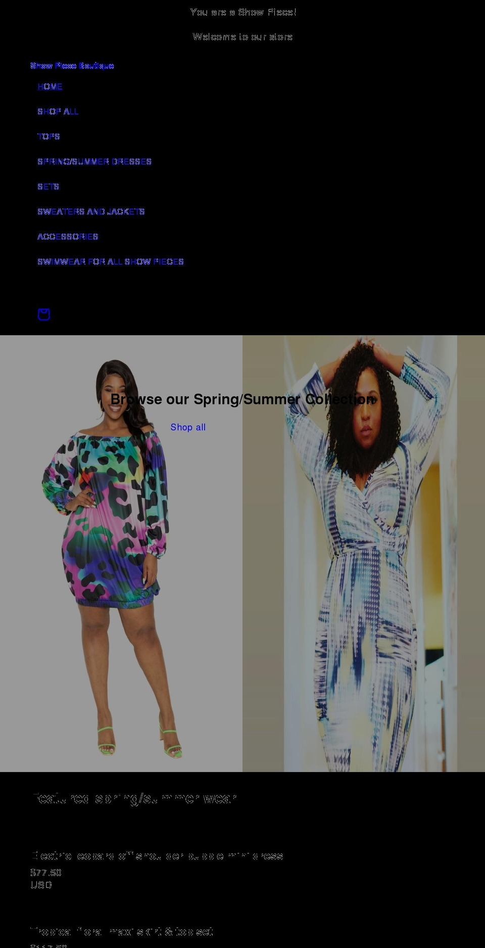 showpieceboutique.com shopify website screenshot