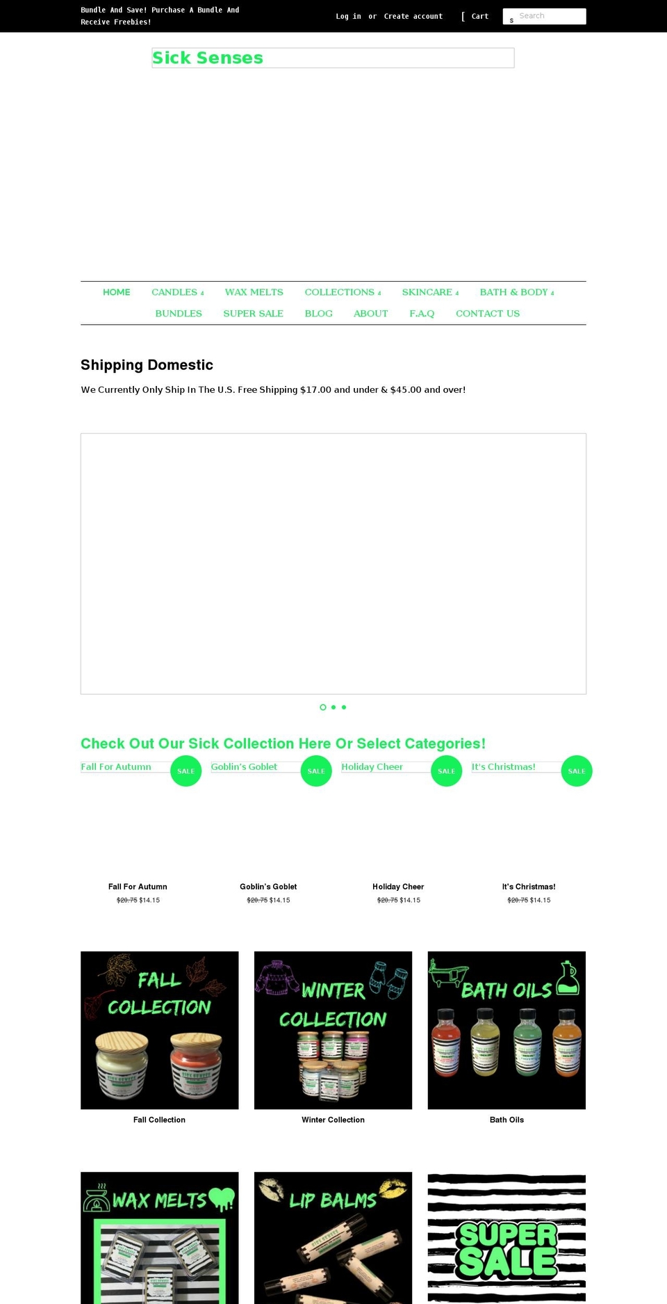 sicksensescandles.com shopify website screenshot