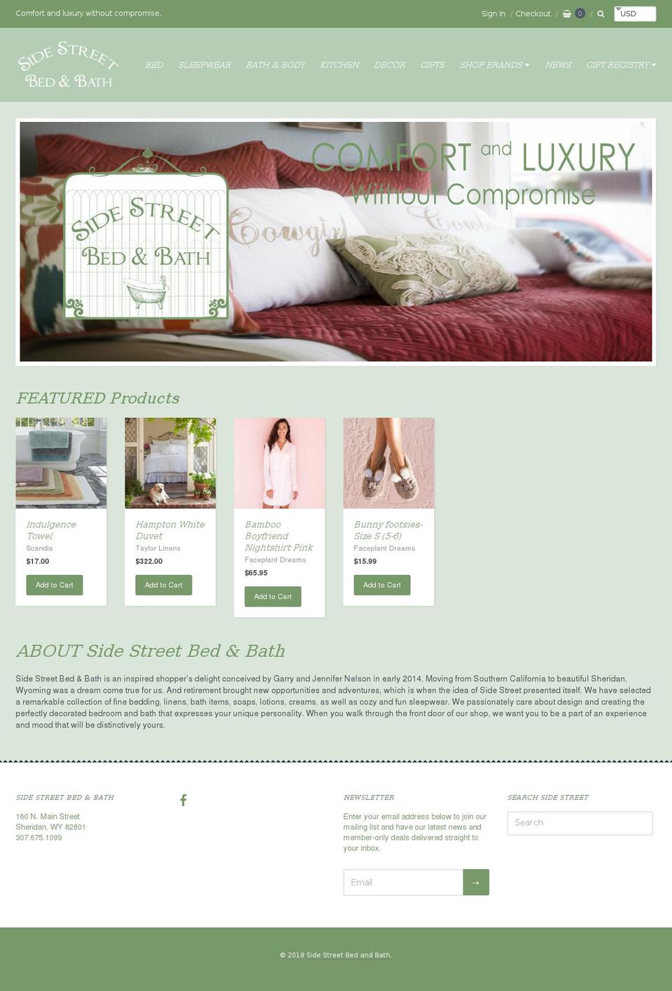 sidestreetbedandbath.com shopify website screenshot