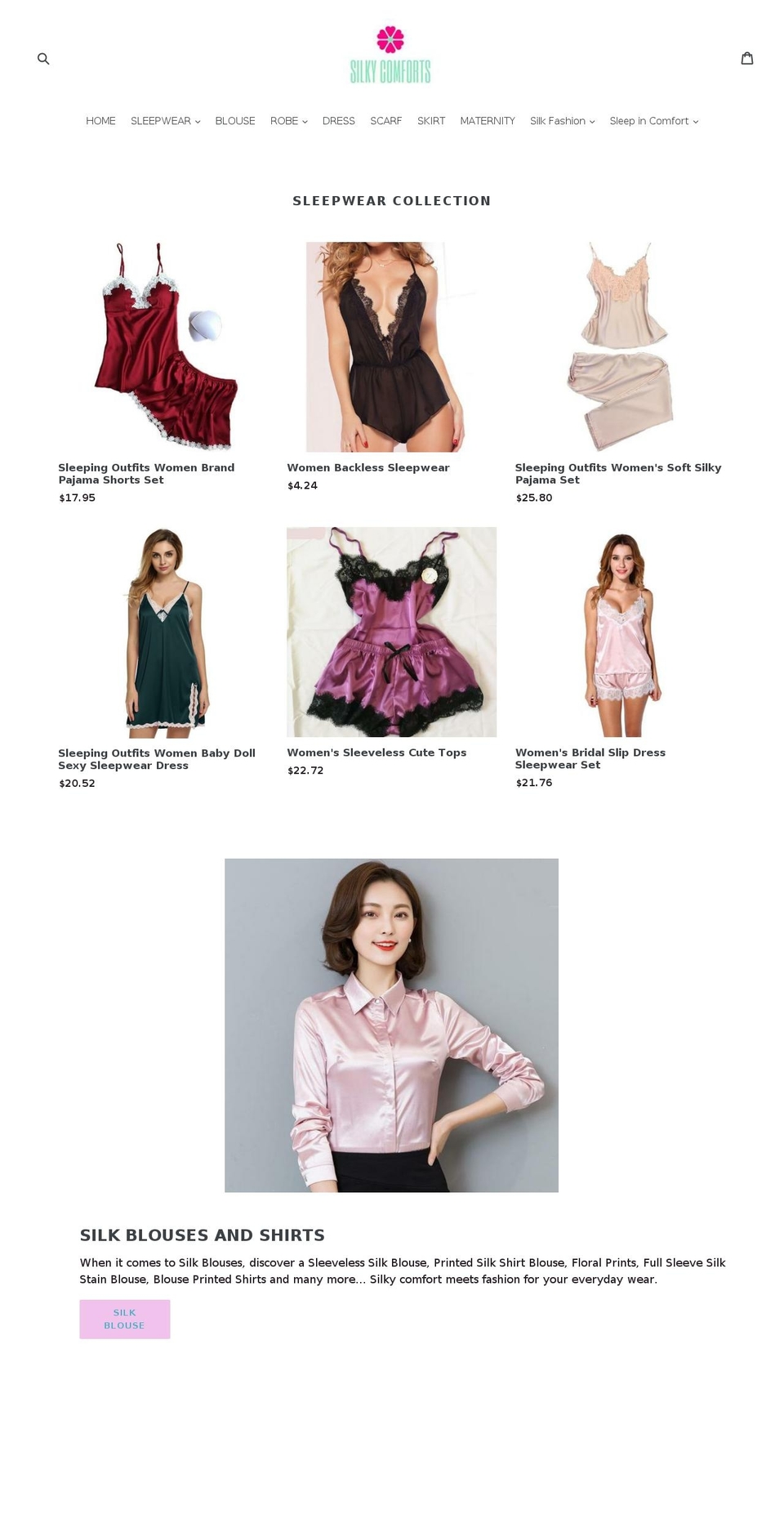 silkycomforts.com shopify website screenshot
