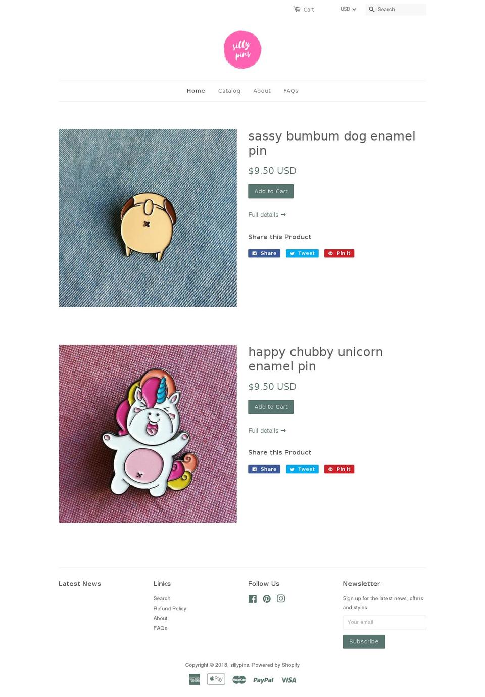 sillypins.com shopify website screenshot