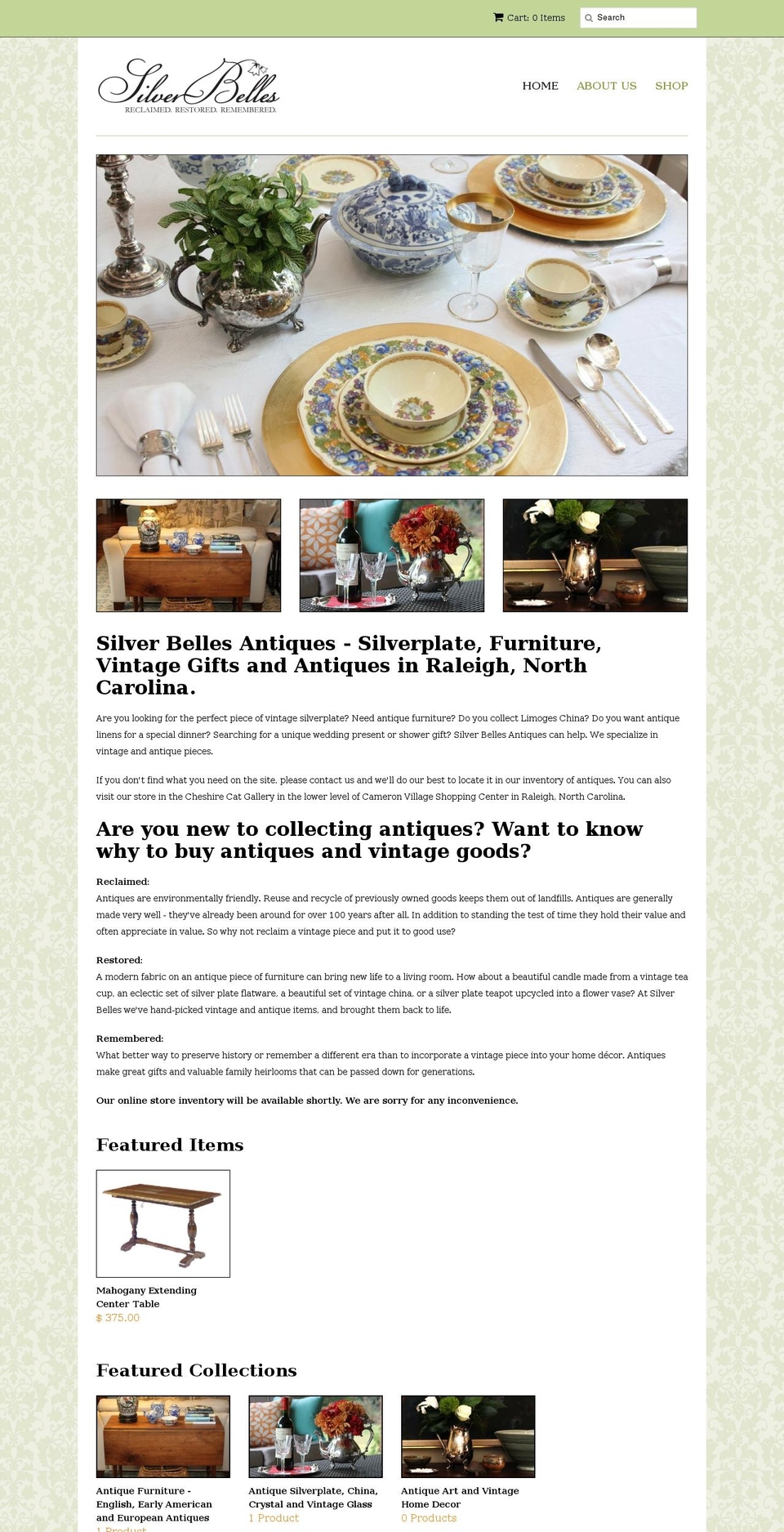 silverbellesantiques.com — Shopify storefront screenshot