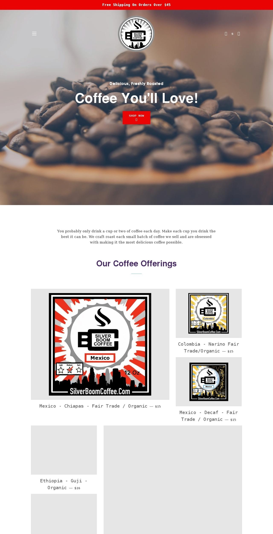 silverboomcoffee.com shopify website screenshot