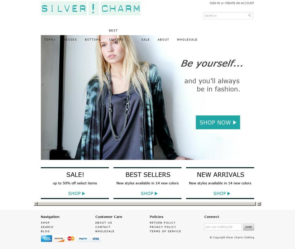 silvercharmclothing.com shopify website screenshot