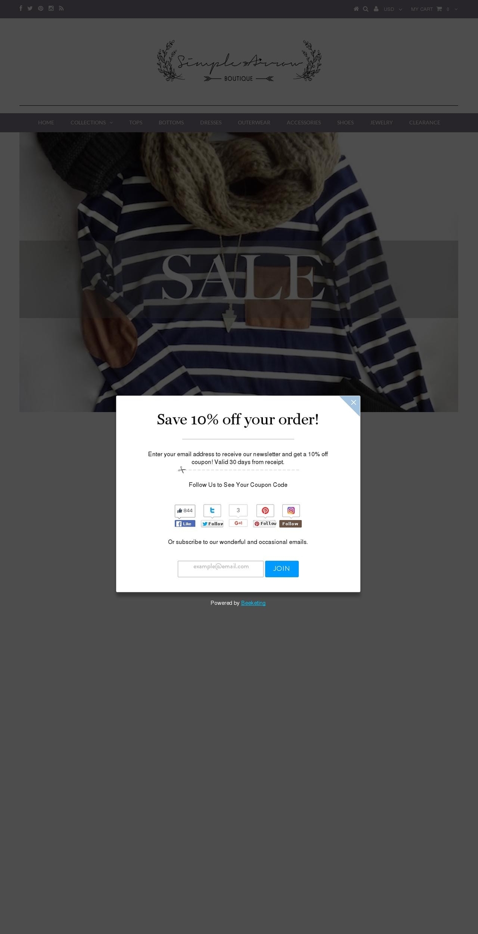 simplearrowboutique.com shopify website screenshot