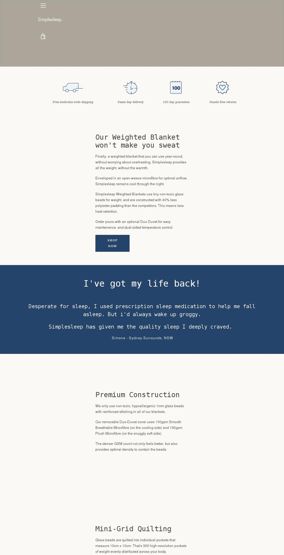 simplesleep.com.au shopify website screenshot