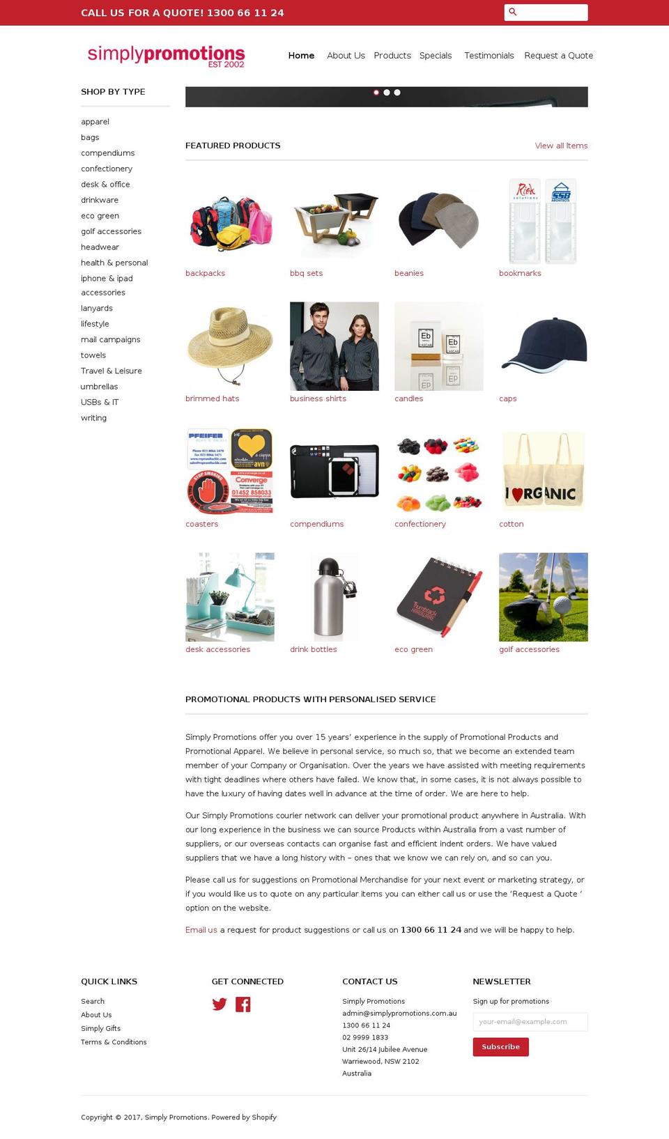 Loft Shopify theme site example simplypromotions.com.au