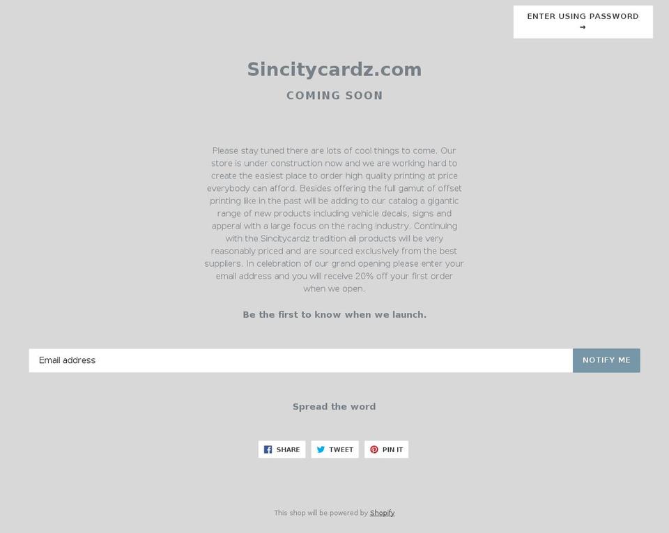 sincitycardz.com shopify website screenshot