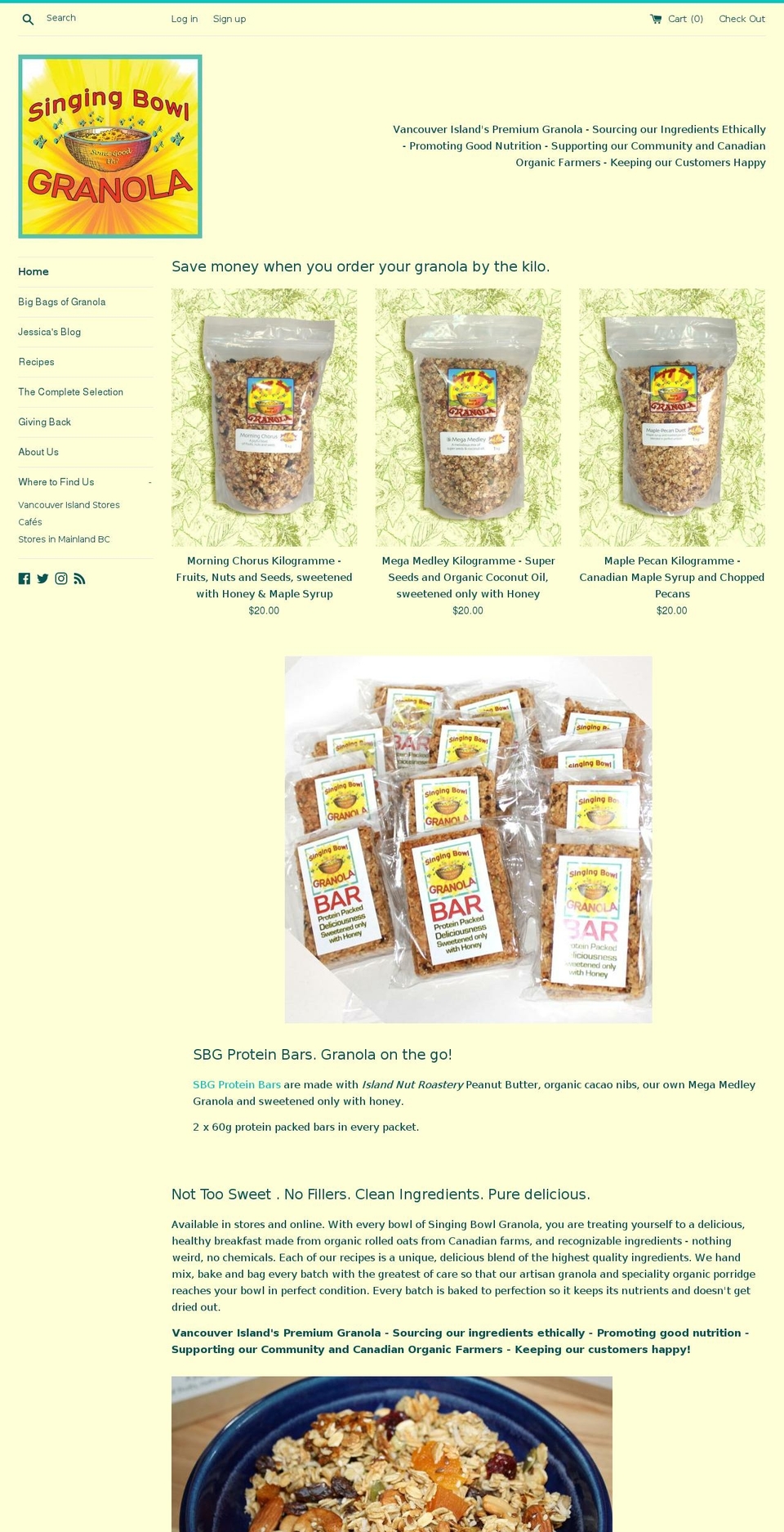 singingbowlgranola.biz shopify website screenshot