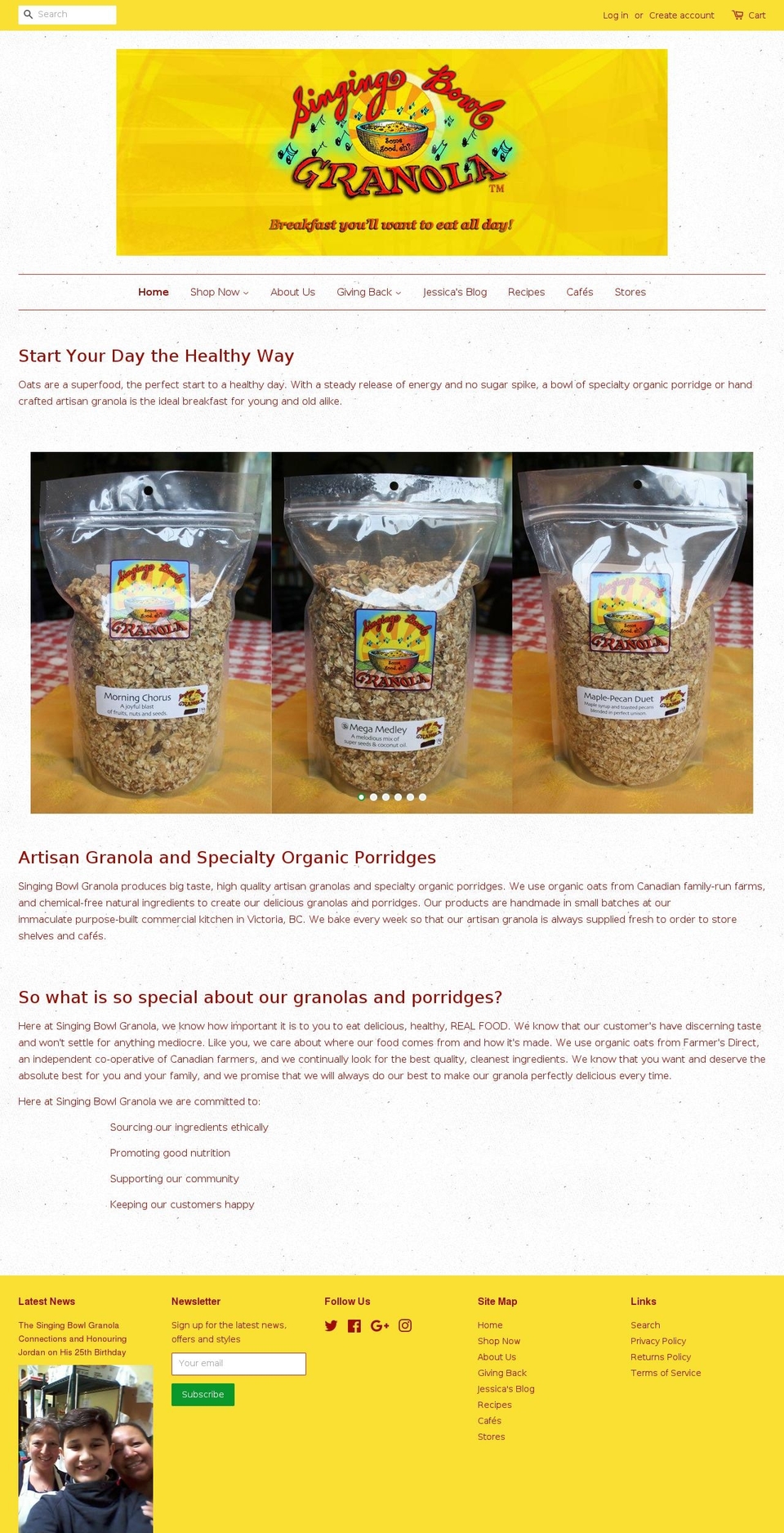 singingbowlgranola.com shopify website screenshot