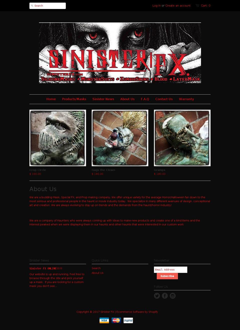 sinisterfx.com shopify website screenshot