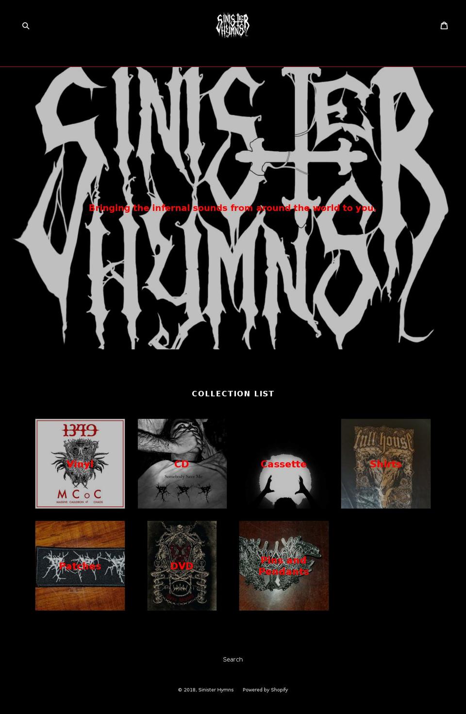 sinisterhymns.com — Shopify storefront screenshot