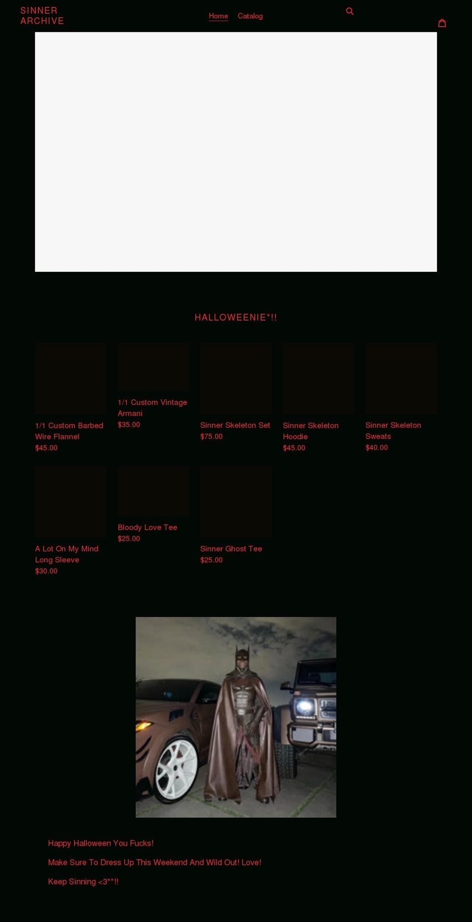 sinnerarchive.com shopify website screenshot