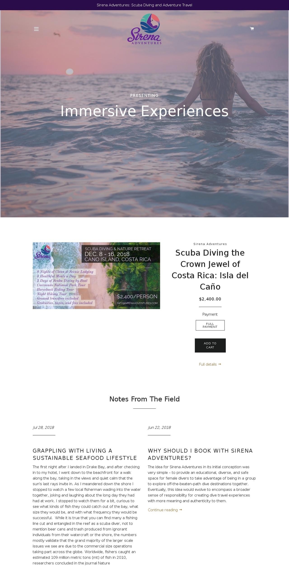 sirenaadventures.com — Shopify storefront screenshot