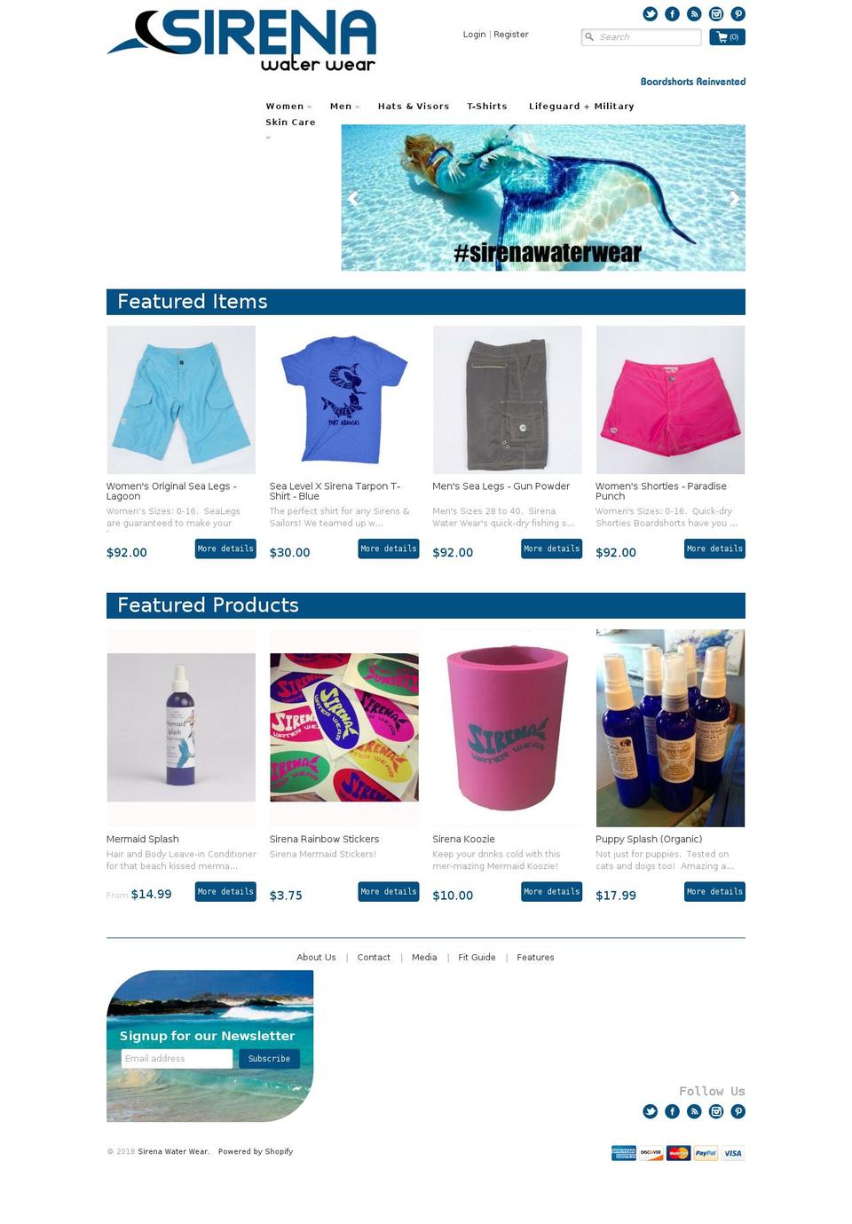 sirenawaterwear.com shopify website screenshot