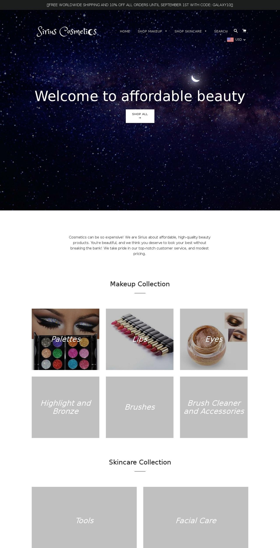 siriuscosmetics.com — Shopify storefront screenshot
