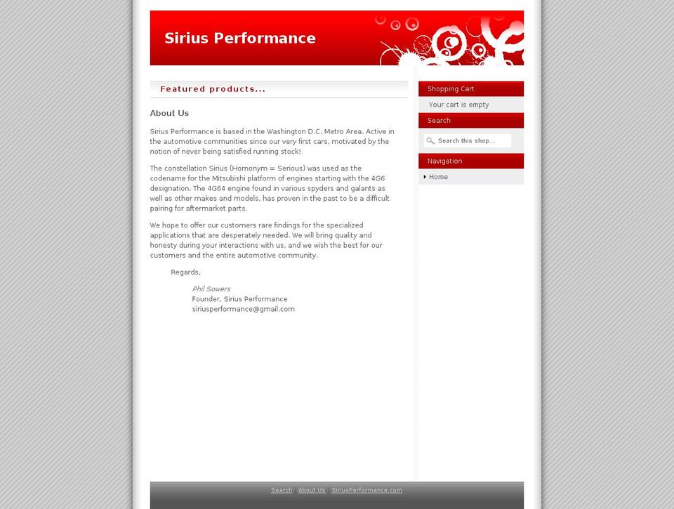 main Shopify theme site example siriusperformance.com
