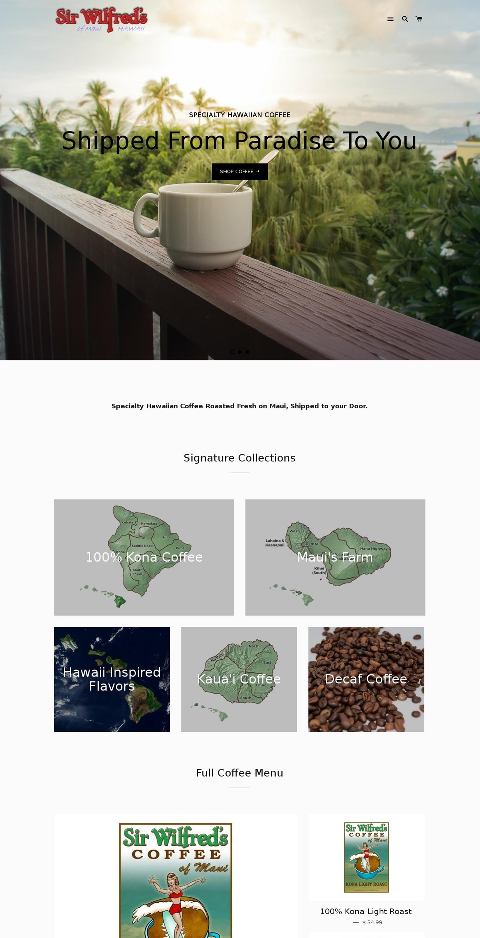 sirwilfredshawaiiancoffee.com shopify website screenshot