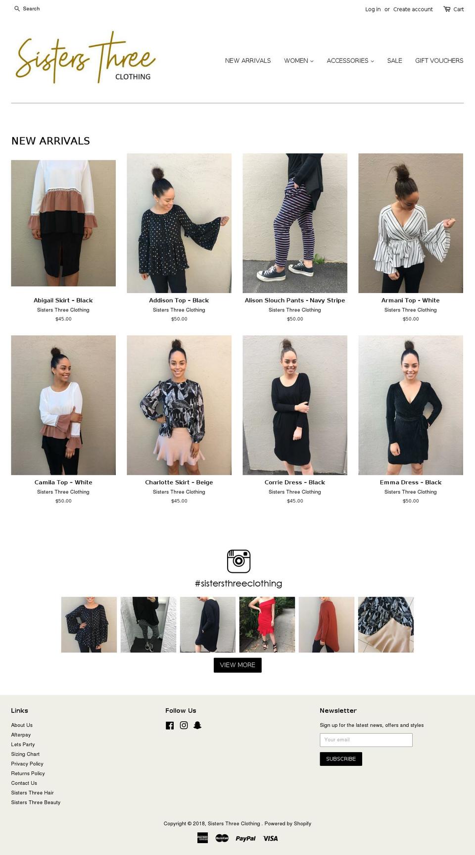 sistersthreeclothing.com shopify website screenshot