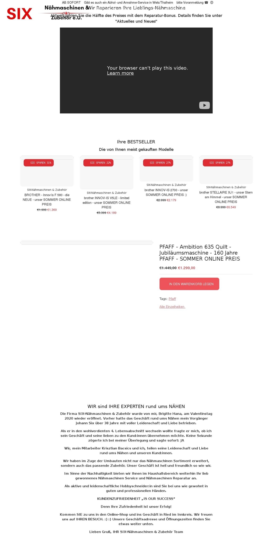 six-naehmaschinen.at shopify website screenshot