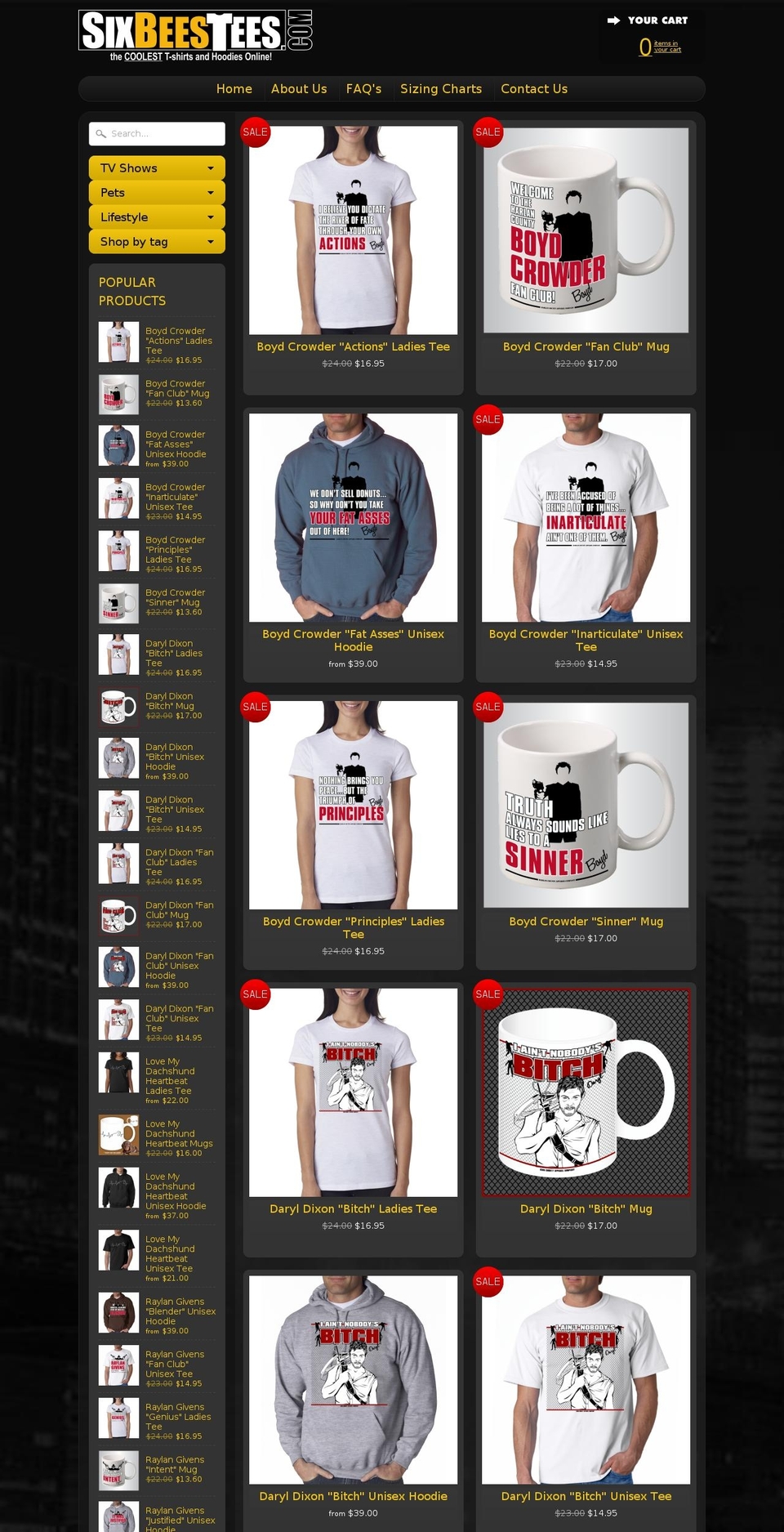 sixbeestees.com — Shopify storefront screenshot